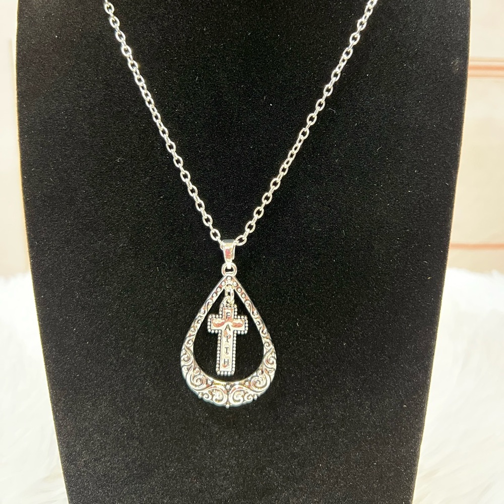 Women’s 18” Silverstone Faith Cross Scroll Teardrop Necklace